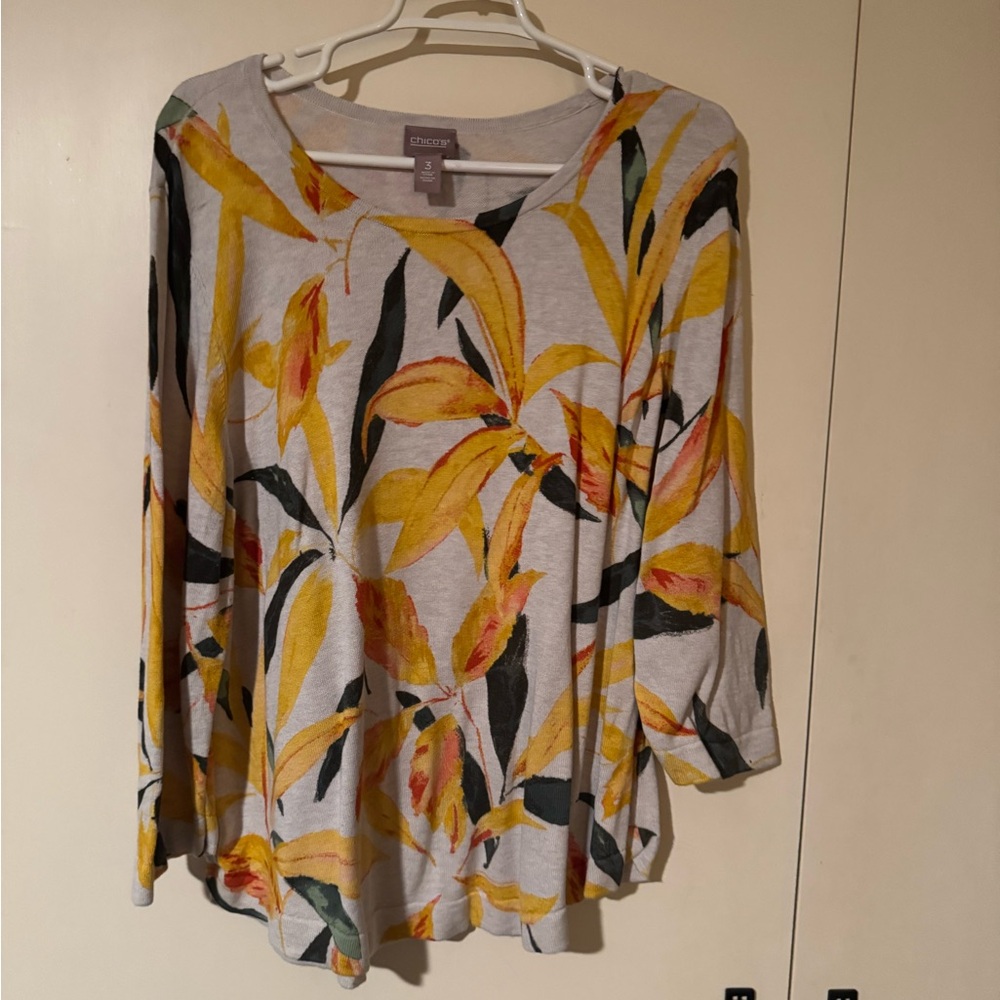 Chico's Yellow and Black Floral Long Sleeve Top